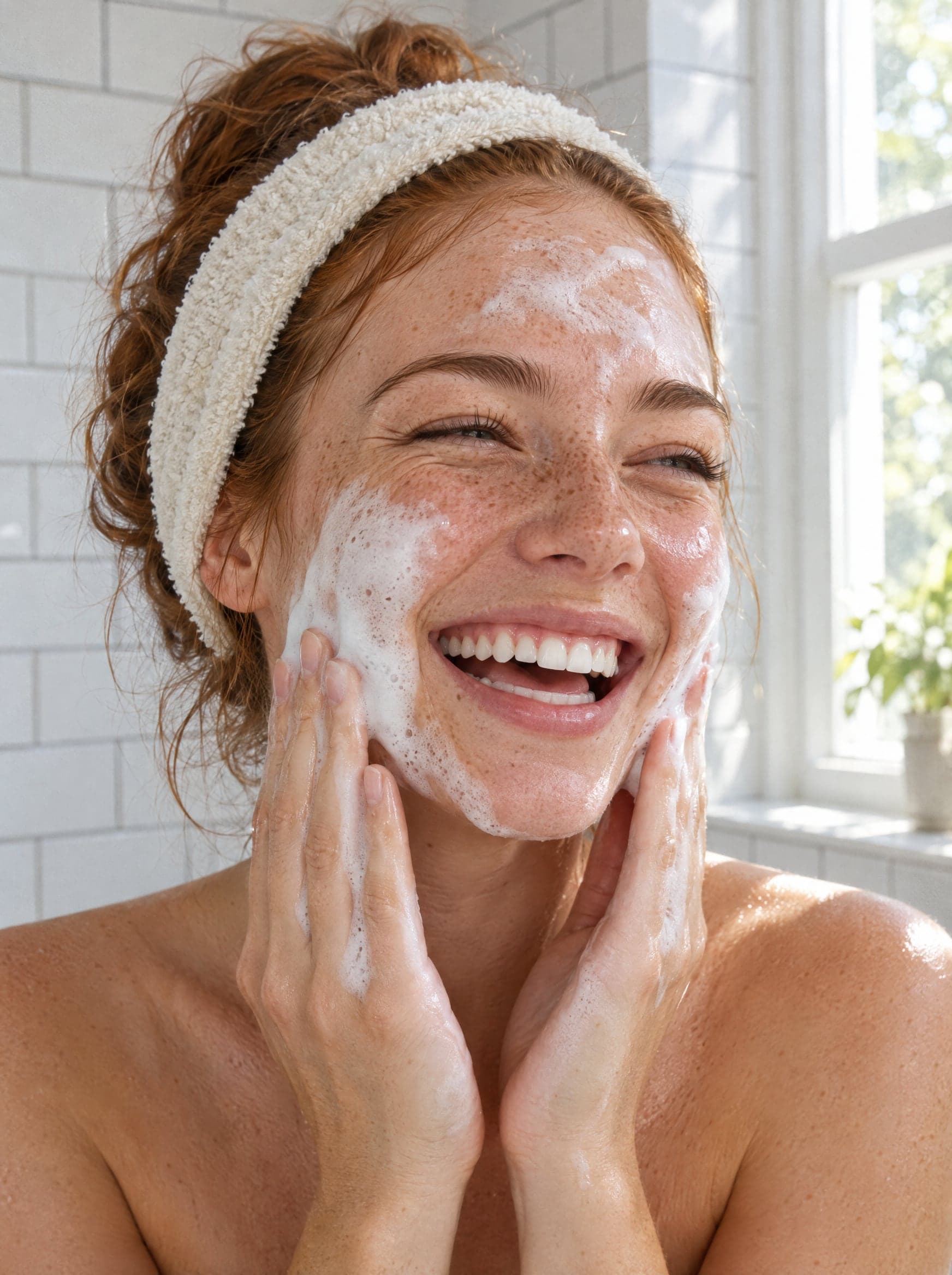 A woman in a headband laughing with cleanser foam on her face