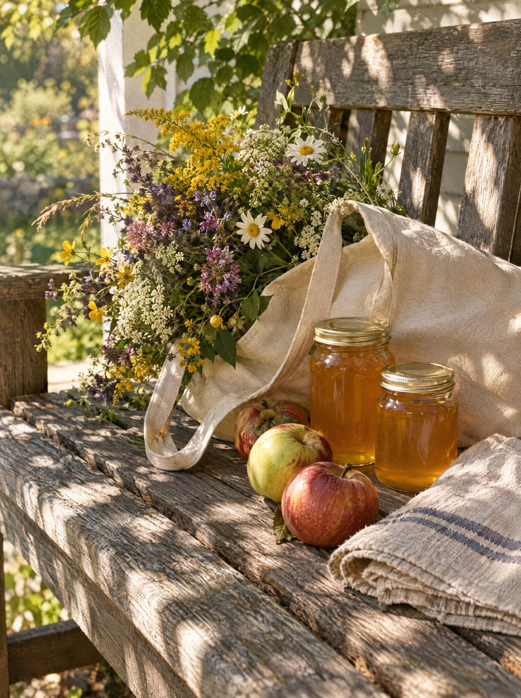 A canvas tote on a porch bench spilling wildflowers, jars of honey and apples