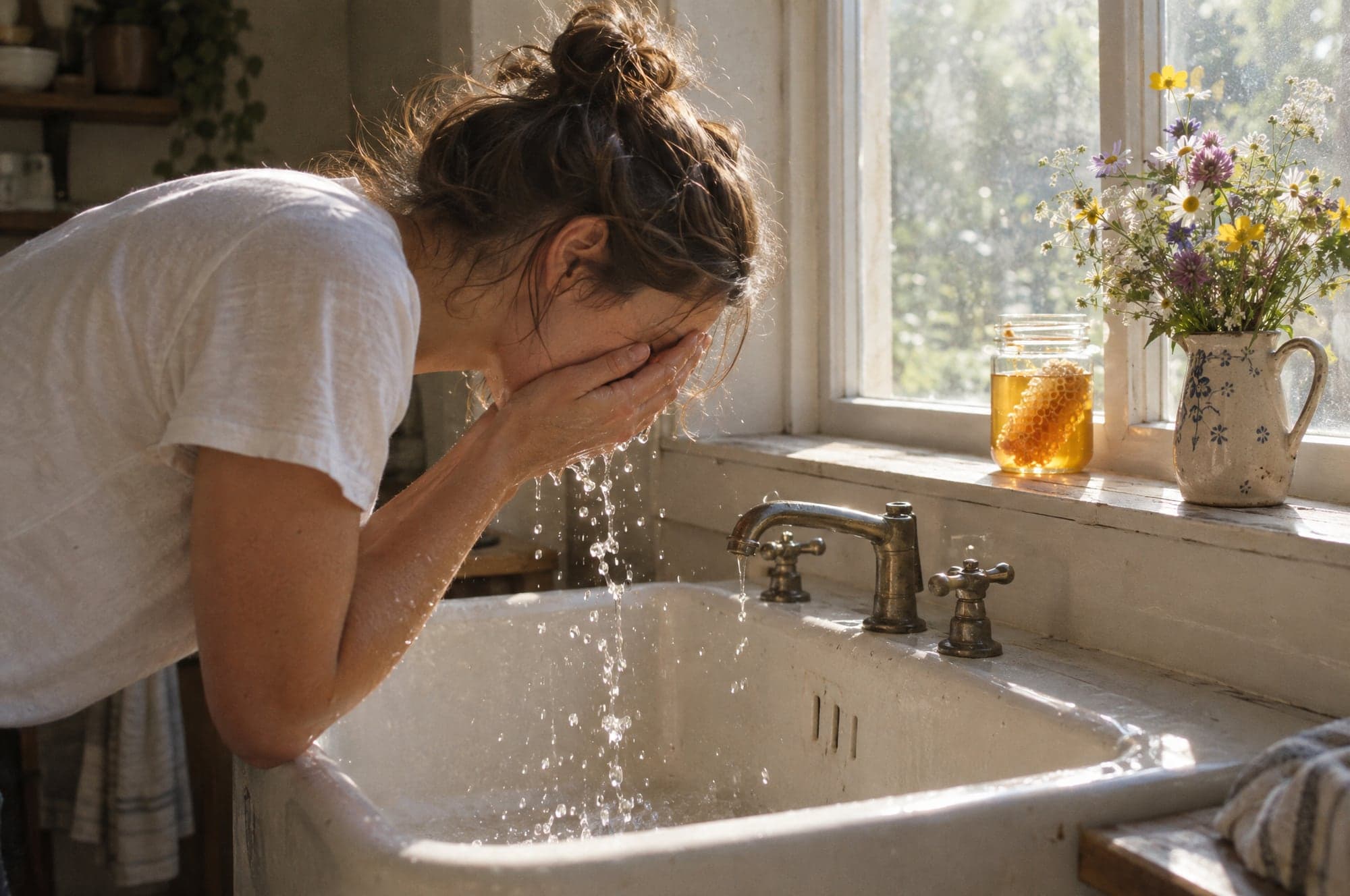 A woman splashing water onto her face at a farmhouse sink, a jar of honeycomb and wildflowers on the windowsill