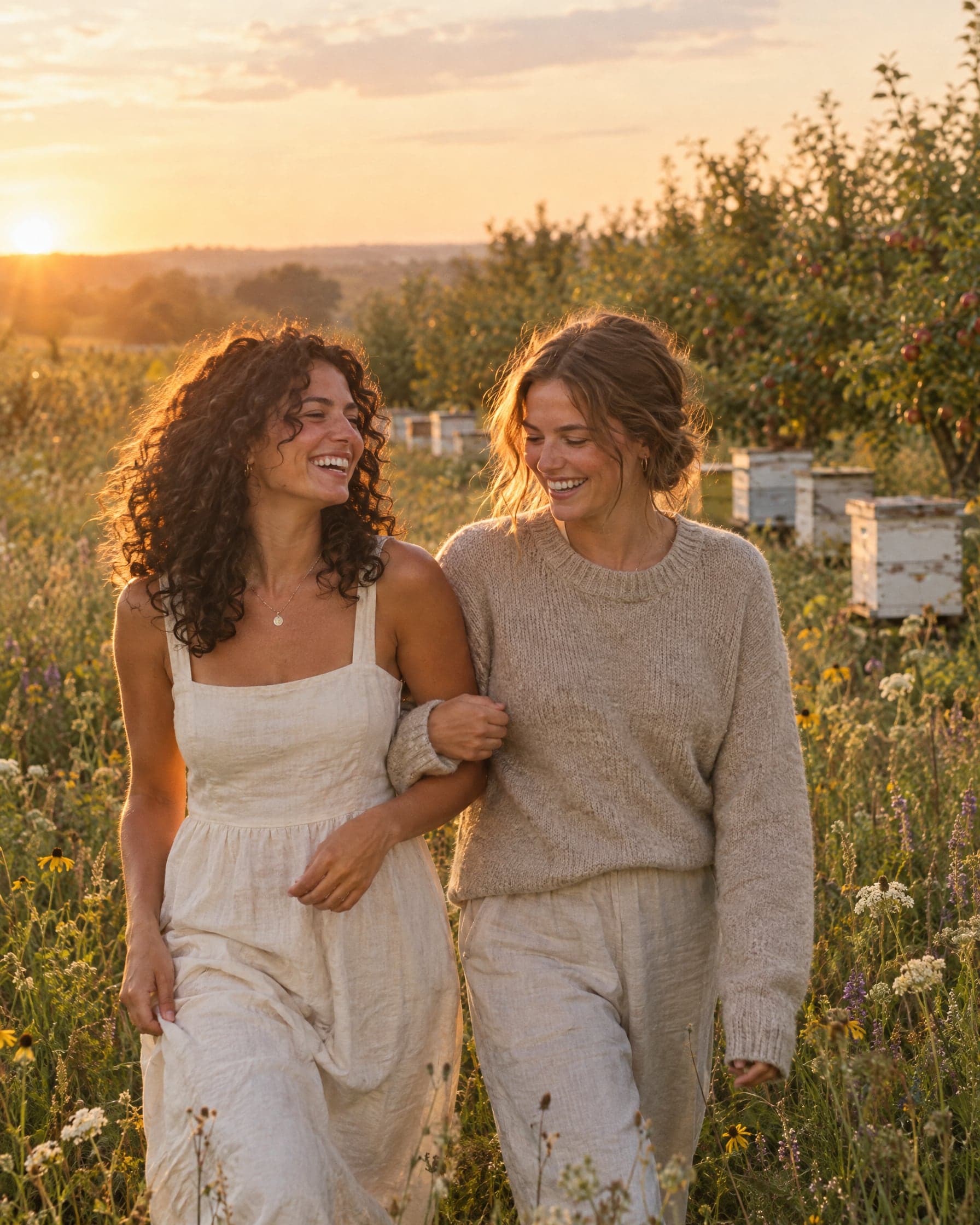 Two friends walking arm in arm through a wildflower meadow past white beehives at golden hour