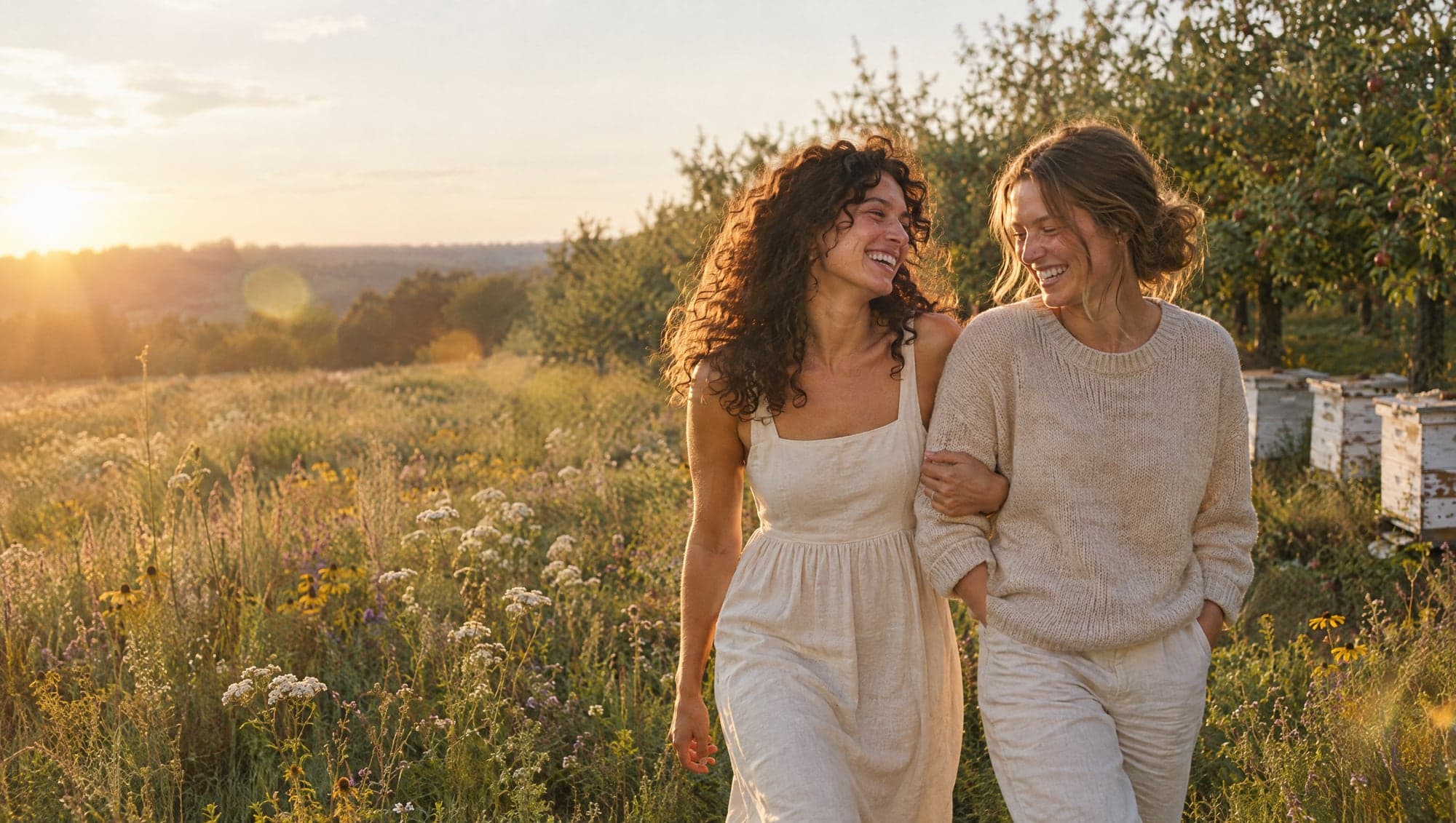 Two friends walking arm in arm through a wildflower meadow past a row of white beehives at golden hour